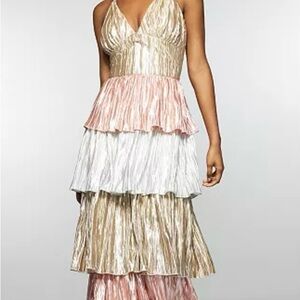 Betsey Johnson Metallic Tiered Gold, Pink, and Silver  Halter Maxi Dress